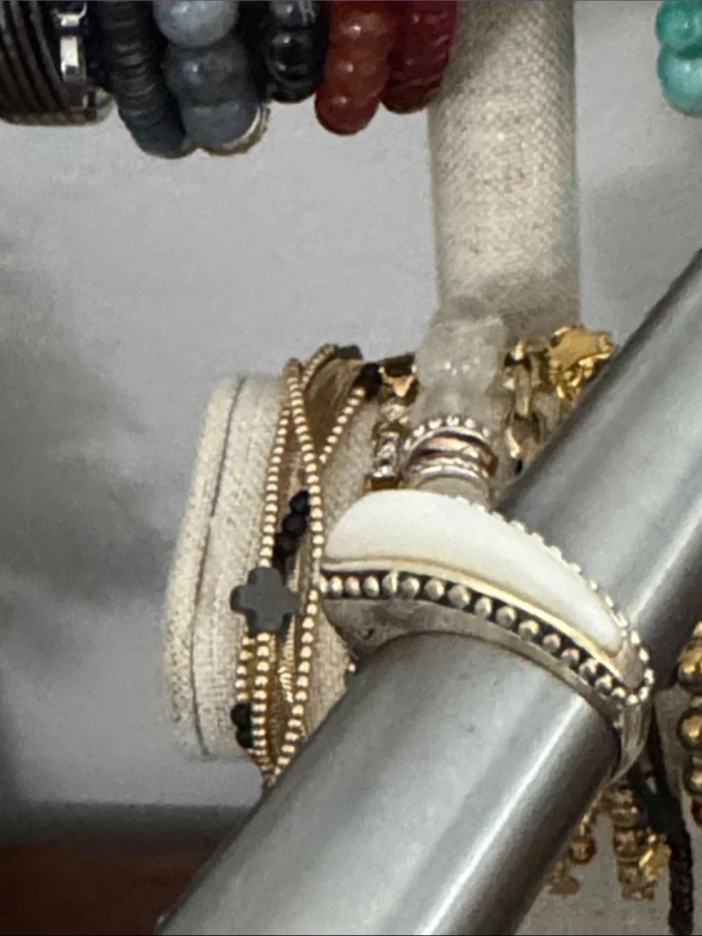 Sterling Silver Ring with White Center Stone and Beaded Edge